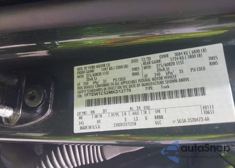 2021 Ford F-150 Lariat из США, поврежденный, VIN 1FTEW1C52MKD12770